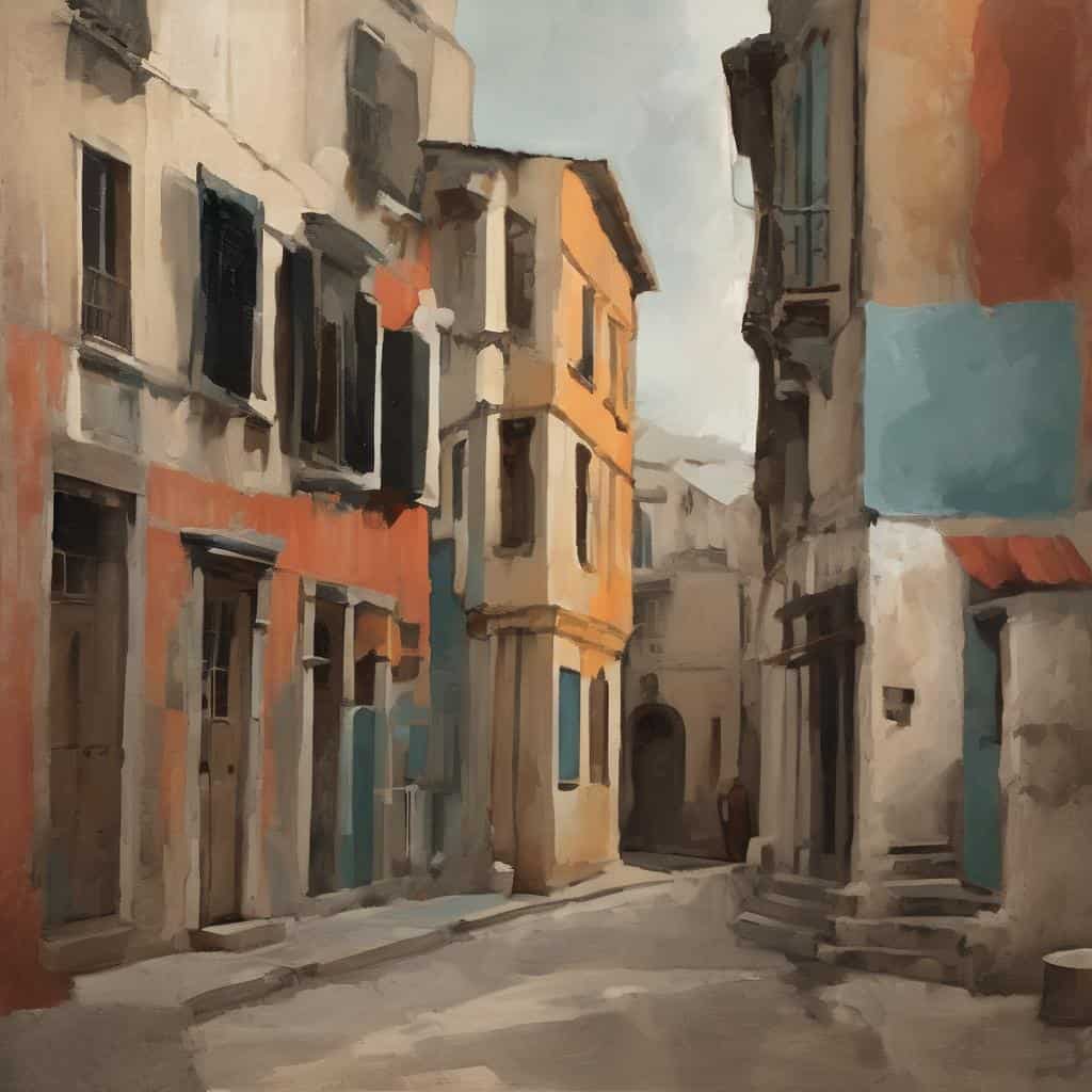 Βρώμικα παλιά κτήρια σε μια γραφική γωνιά της πόλης, με έντονες χρωματικές αποχρώσεις και ζεστή ατμόσφαιρα, τέχνη του σήμερα και μεγάλες αλλαγές.