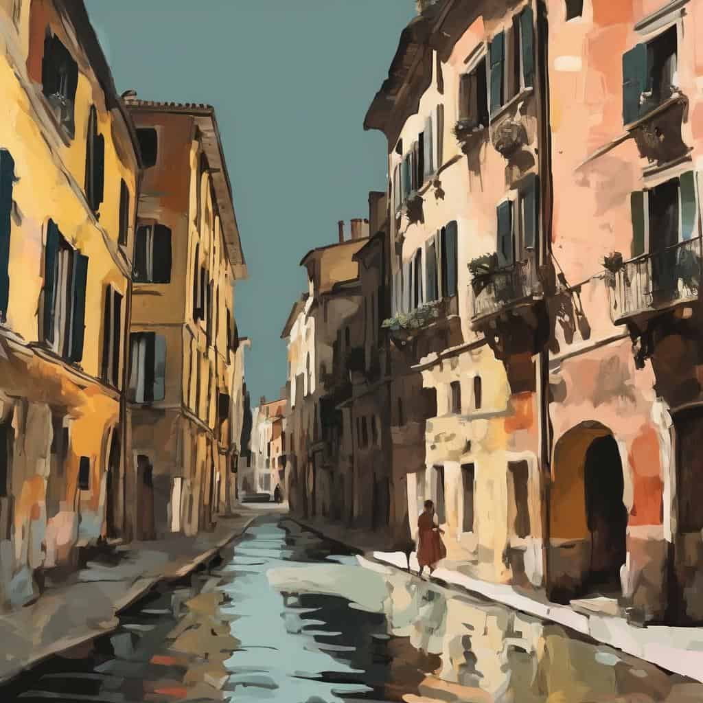 Ζωγραφιά δρόμου με παλιά κτήρια και κανάλι, ελάφρυνση του αστικού τοπίου, τέχνη του σήμερα, μεγάλες αλλαγές στην τέχνη.