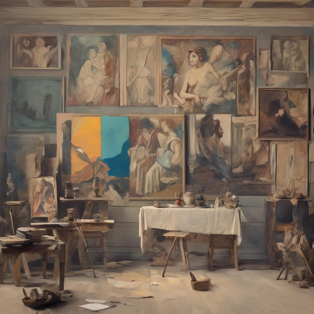Πίνακες σύγχρονης τέχνης στο ατελιέ, καλλιτεχνική δημιουργία και μεγάλες αλλαγές στην τέχνη του σήμερα.