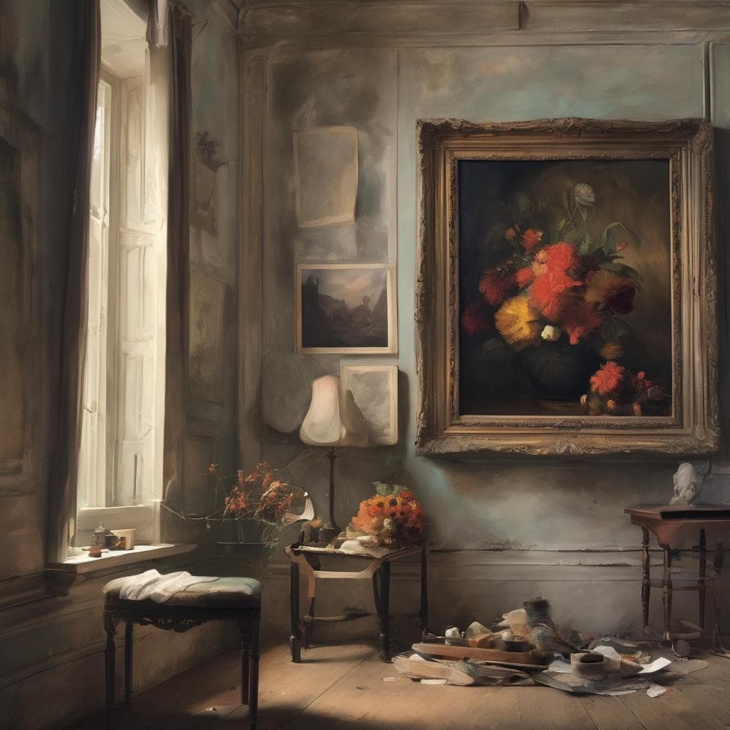 Παραστατικό εσωτερικό παλιού καφέ με έργα τέχνης και λουλούδια, στην τέχνη του σήμερα και τις μεγάλες αλλαγές.